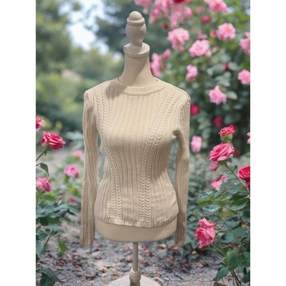 SO Sweater Womens Size M Ivory Cable Knit Ribbed Pullover Crew Neck Long